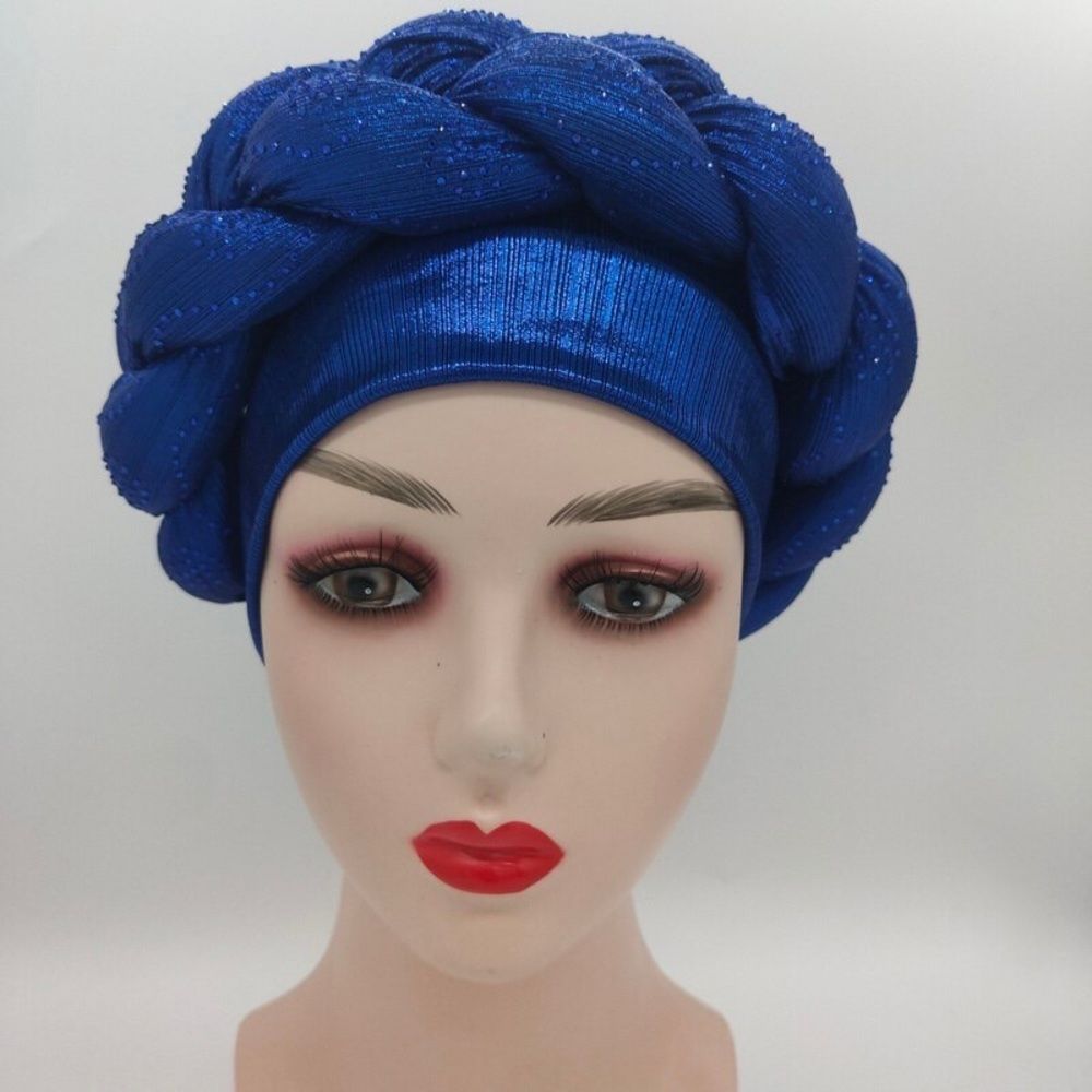 Twisted Stretchy African Turban Head Wrap Crystals Beanie Cap Headwear blue​​